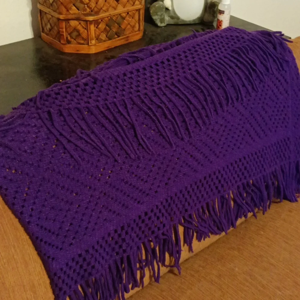 Purple Knit Shawl blanket love seat throw handmade crochet multi cover up Afghan